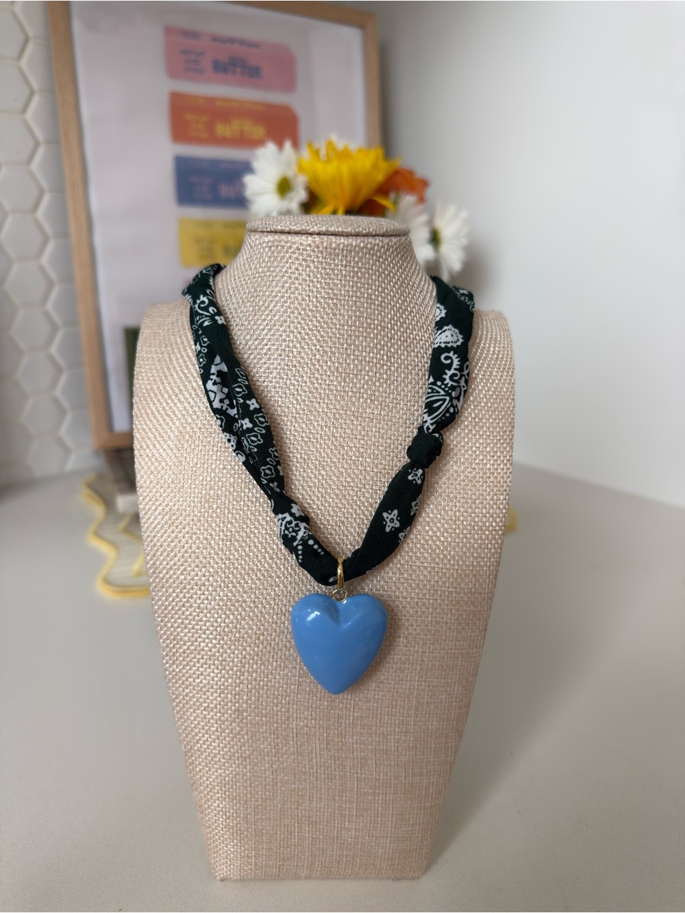 Blue Heart Pendant Necklace on Dark Green Bandana Cord